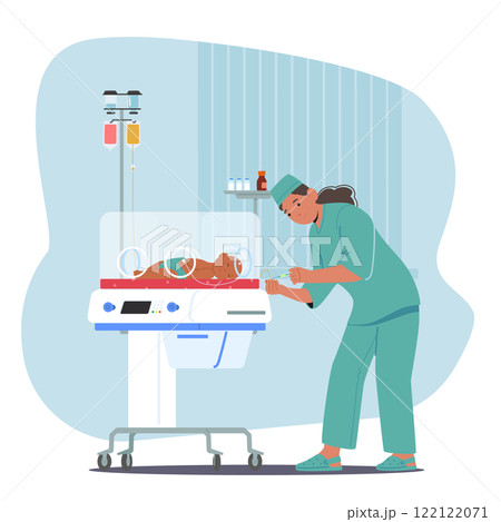 Nurse providing intensive neonatal care for preterm baby in incubator unite of intensive therapy 122122071