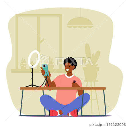 Teenage boy cartoon character making creative social media content streaming live broadcast Teenage boy cartoon character making creative social media content streaming live broadcast 122122098