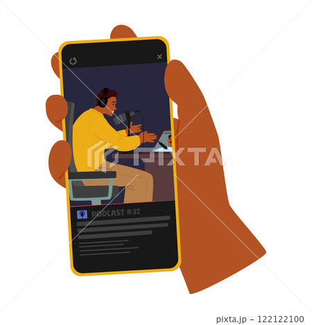 Human hand holding smartphone watching podcast show video online via mobile phone application 122122100