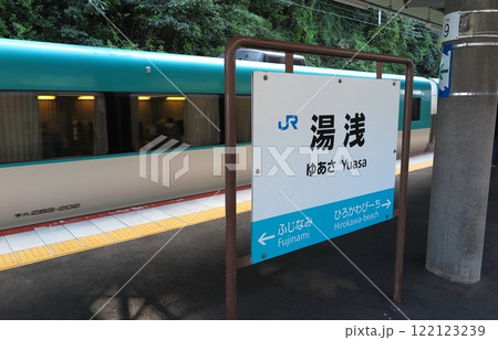 JR湯浅駅の駅名標と、背後に特急「くろしお」車両(被写体ぶれ有り) JR湯浅駅の駅名標と、背後に特急「くろしお」車両(被写体ぶれ有り) 122123239