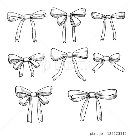 Cute hand-drawn bows. Set of ink outline vector illustrations isolated on white background. 122123513