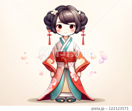 ちびキャラ 和服の女の子のイメージ素材のイラスト素材 [122123571