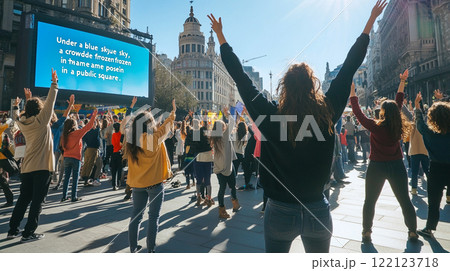 広場で手を挙げる多くの人々 122123718