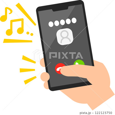 着信中のスマートフォンの通話拒否ボタンをタップする指 着信中のスマートフォンの通話拒否ボタンをタップする指 122123750