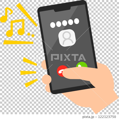 着信中のスマートフォンの通話拒否ボタンをタップする指 着信中のスマートフォンの通話拒否ボタンをタップする指 122123750