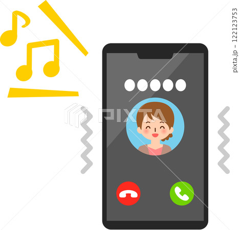 女性のアイコン画像が表示された着信中のスマートフォン 122123753