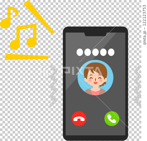 女性のアイコン画像が表示された着信中のスマートフォン 122123753