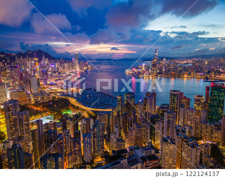 Aerial view of Hong Kong city at night 122124137