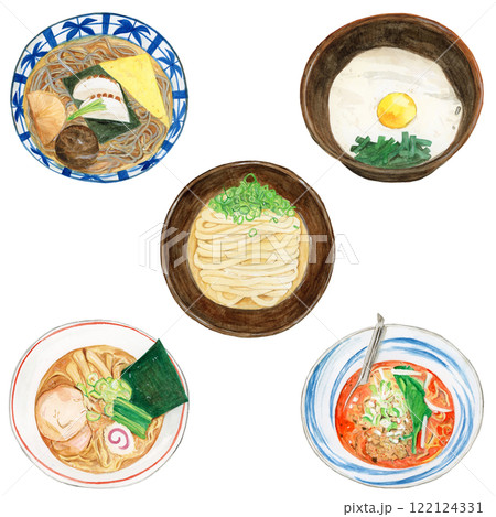 手描き水彩の麺類のイラストセット 122124331