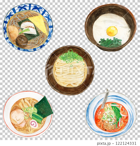 手描き水彩の麺類のイラストセット 122124331