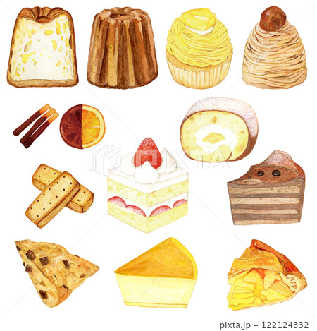 水彩画手描きイラスト チーズケーキとアップルパイ 水彩イラスト 食品