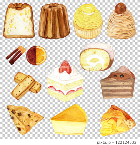 手描き水彩の美味しそうな洋菓子セットイラスト 122124332