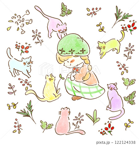 猫たちがベレー帽を被ったチェックのスカートの笑顔の女の子のもとに集まっている　　草花の背景とともに 122124338