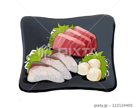 黒い角皿に盛られたブリ、マグロ、ホタテの刺身の盛り合わせのイラスト 122124405