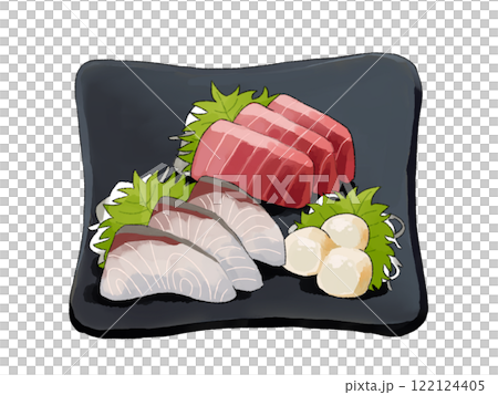 An illustration of an assortment of yellowtail, tuna, and scallop sashimi served on a black square plate An illustration of an assortment of yellowtail, tuna, and scallop sashimi served on a black square plate 122124405