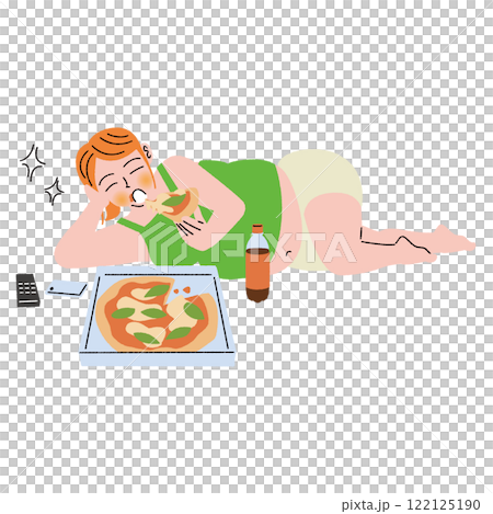 肥満の女性が横になってピザを食べる 122125190