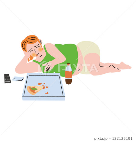 肥満の女性がピザを食べるか迷う 122125191