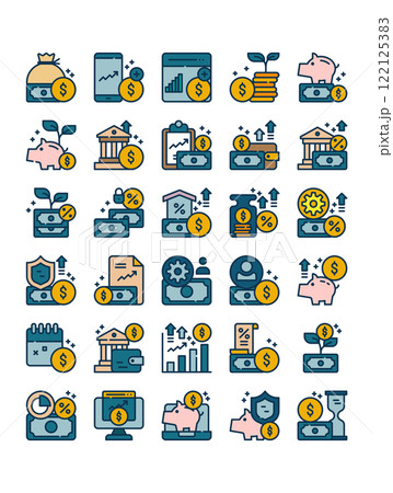 set of investing business strategy filled outline icon set of investing business strategy filled outline icon 122125383