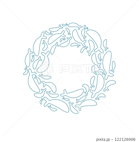 Fish school silhouette pattern. Many marine creatures swim in an aquatic round formation. Underwater context, outline style, ideal for summer projects or aquarium decor. 122126006