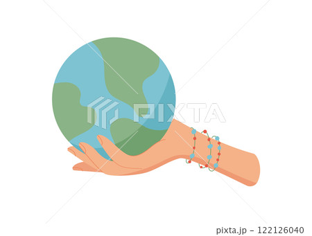Hand holding globe symbolizes connection. Woman gives and receives the earth as a gesture of unity. Concept of peace, charity, and hope, flat style, suitable for environmental themes. 122126040