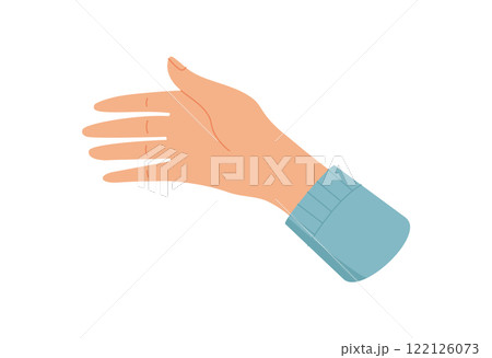 Hand gesture for payment. Human character holds an item. Payment concept, flat style, potential for finance or business applications. 122126073