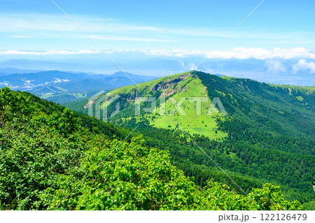 夏の四阿山・根子岳登山（四阿山山頂から根子岳・北アルプスの眺め） 122126479