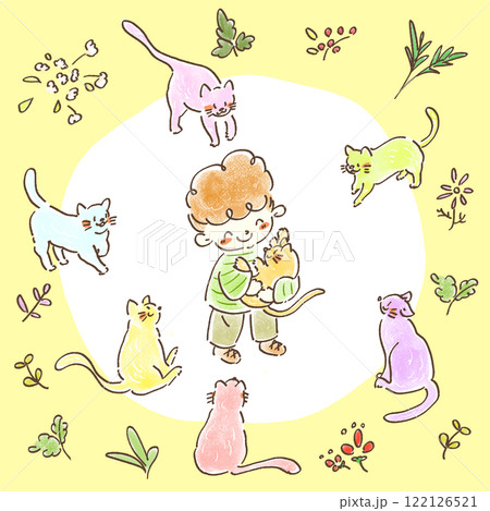 様々な猫たちが笑顔の少年のもとに集まっている 草花の背景とともに 様々な猫たちが笑顔の少年のもとに集まっている 草花の背景とともに 122126521