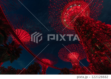 Futuristic Gardens with Glowing Red Structures at Night of Garden by the bay 122126682
