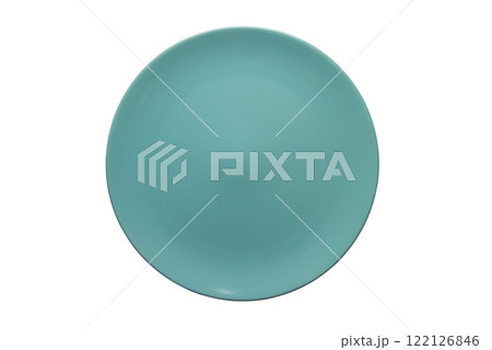 Top view of empty shallow blue ceramic plate isolated on white background. Top view of empty shallow blue ceramic plate isolated on white background. 122126846