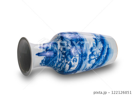 Old blue chinese ceramic vase isolated on white background. 122126851