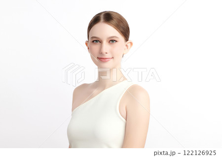 Beautiful young woman with clean fresh skin on white background, Face care, Facial treatment, Cosmetology, beauty and spa, women portrait. 122126925
