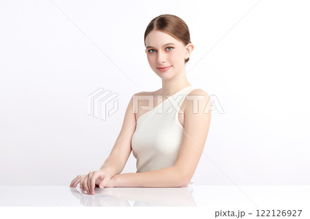 Beautiful young woman with clean fresh skin on white background, Face care, Facial treatment, Cosmetology, beauty and spa, women portrait. 122126927
