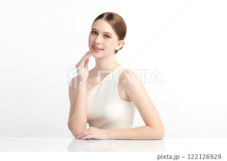 Beautiful young woman with clean fresh skin on white background, Face care, Facial treatment, Cosmetology, beauty and spa, women portrait. Beautiful young woman with clean fresh skin on white background, Face care, Facial treatment, Cosmetology, beauty and spa, women portrait. 122126929