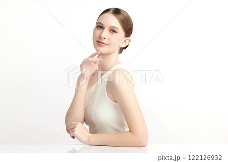 Beautiful young woman with clean fresh skin on white background, Face care, Facial treatment, Cosmetology, beauty and spa, women portrait. Beautiful young woman with clean fresh skin on white background, Face care, Facial treatment, Cosmetology, beauty and spa, women portrait. 122126932