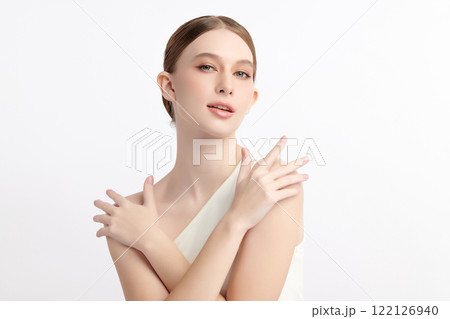 Beautiful young woman with clean fresh skin on white background, Face care, Facial treatment, Cosmetology, beauty and spa, women portrait. Beautiful young woman with clean fresh skin on white background, Face care, Facial treatment, Cosmetology, beauty and spa, women portrait. 122126940