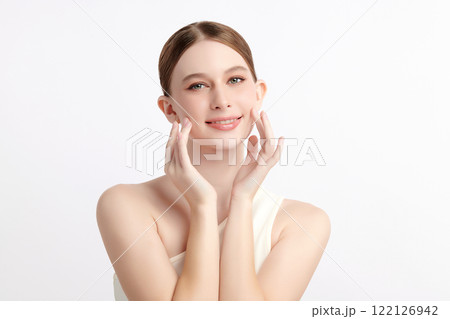 Beautiful young woman with clean fresh skin on white background, Face care, Facial treatment, Cosmetology, beauty and spa, women portrait. Beautiful young woman with clean fresh skin on white background, Face care, Facial treatment, Cosmetology, beauty and spa, women portrait. 122126942