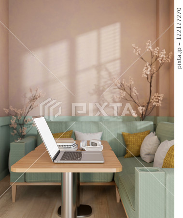 A laptop placed on a wooden table in modern pastel cafe or office lounge. A laptop placed on a wooden table in modern pastel cafe or office lounge. 122127270