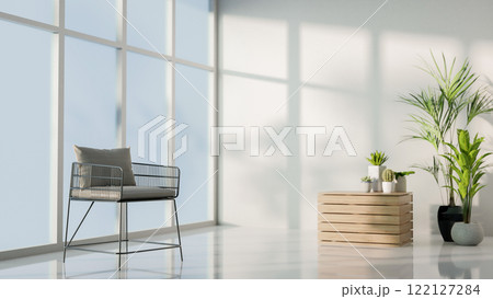 A minimalist simple room featuring an armchair by the large window and decorative indoor plants. 122127284