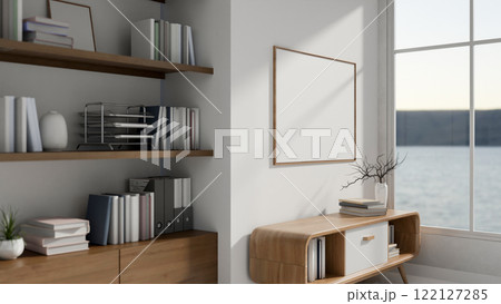 The interior design of a contemporary minimalist room featuring wooden furnitures. 122127285