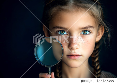 a girl wearing holding a magnifying glass against a isolated background, exploring and investigating concept. 122127399