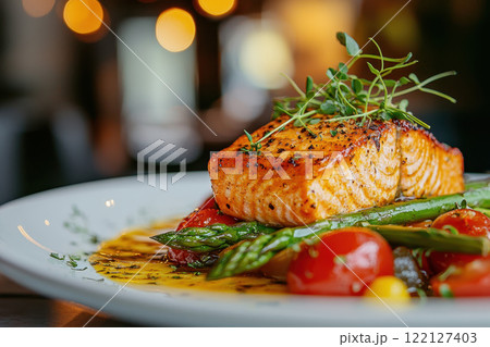 Baked salmon garnished with asparagus and tomatoes with herbs . Baked salmon garnished with asparagus and tomatoes with herbs . 122127403