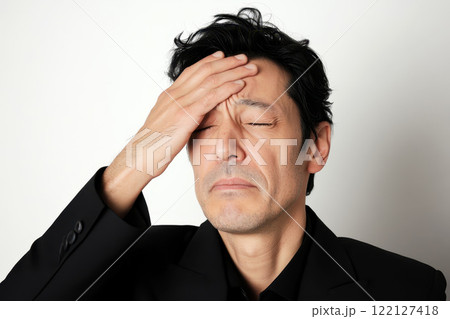 Facepalm. Disappointed a business man covering his face with his hand. 122127418