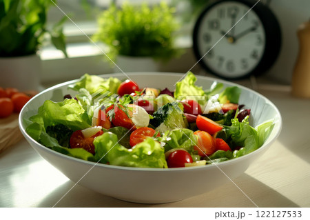alarm clock and salad on table . intermittent fasting, healthy eating. healthy brunch setting concept. generative ai 122127533