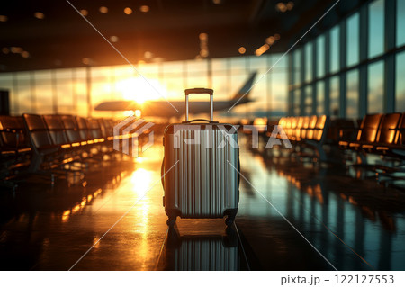 metallic hard-shell suitcase standing upright in an ultra-modern airport terminal, with a minimalist design. 122127553