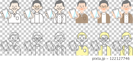 Simple set of 4 elderly man illustrations_smile_smartphone Simple set of 4 elderly man illustrations_smile_smartphone 122127746