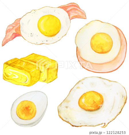 手描き水彩の美味しそうな卵料理のイラストセット 122128253