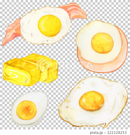 手描き水彩の美味しそうな卵料理のイラストセット 122128253