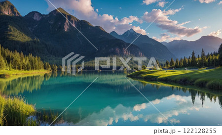 朝焼けに染まる山 122128255