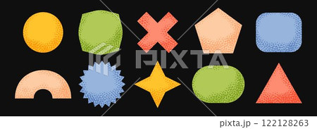 Bright sticker shape collection. Primitive geometric label element pack. Kid textured patch element bundle. Set of abstract dotted blank badges for price tag and sale promotion. Vector Bright sticker shape collection. Primitive geometric label element pack. Kid textured patch element bundle. Set of abstract dotted blank badges for price tag and sale promotion. Vector 122128263
