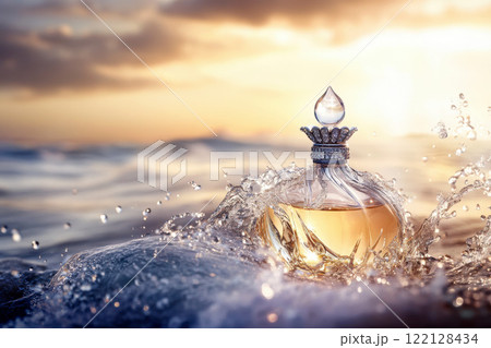 A stunning glass perfume bottle surrounded by splashes of water, showcasing elegance and freshness in a serene atmosphere. A stunning glass perfume bottle surrounded by splashes of water, showcasing elegance and freshness in a serene atmosphere. 122128434